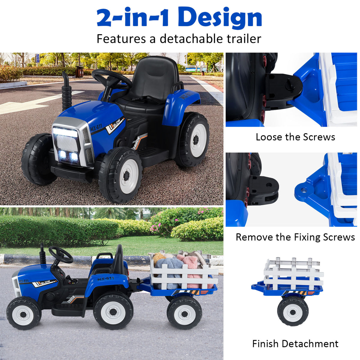 Instructions for detaching the trailer from the blue kids electric tractor