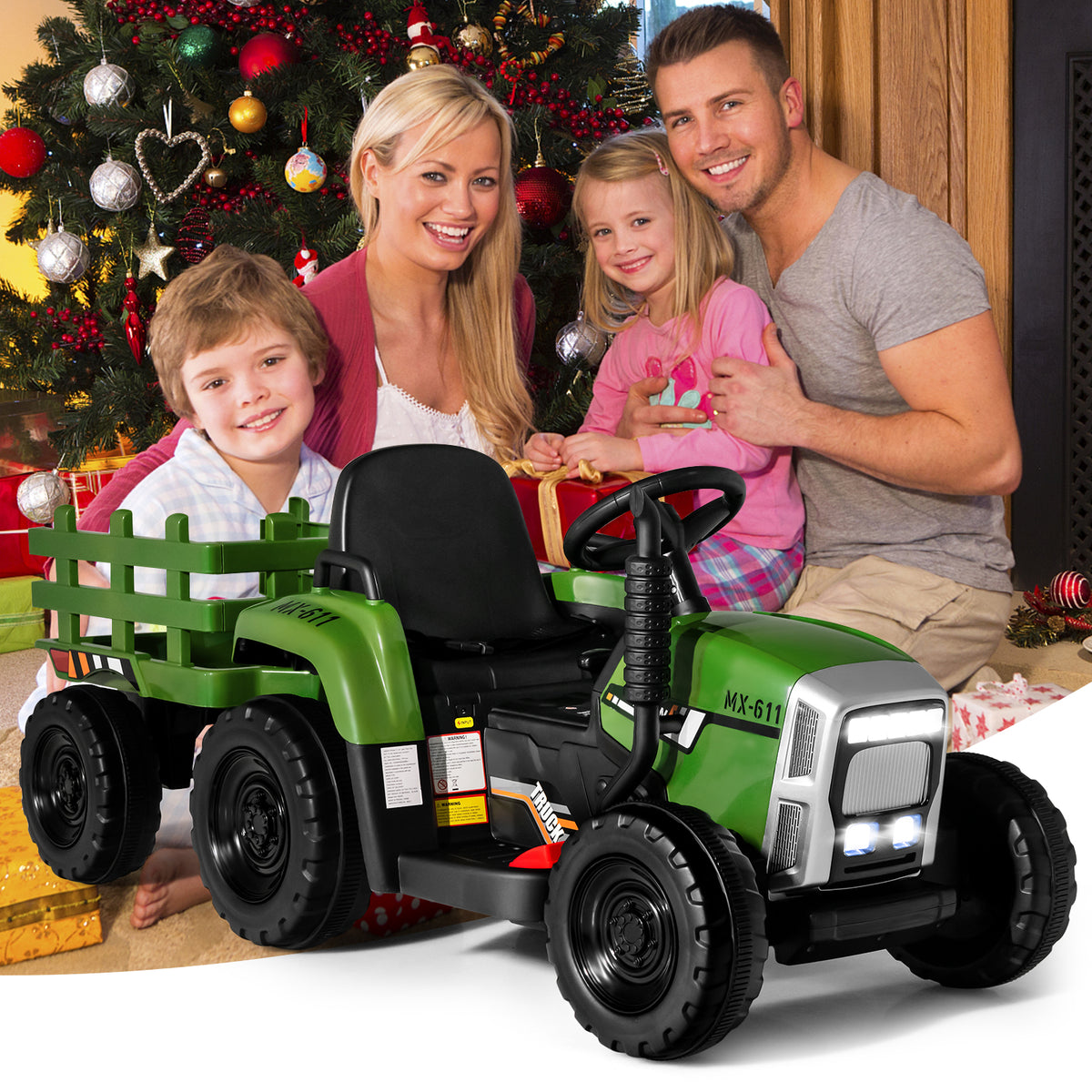 The kids electric tractor parked indoors next to a family by a decorated Christmas tree