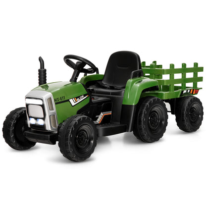 12V Kids Ride On Tractor in dark green with a detachable trailer and bright LED front lights