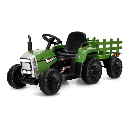 12V Kids Ride On Tractor in dark green with a detachable trailer and bright LED front lights