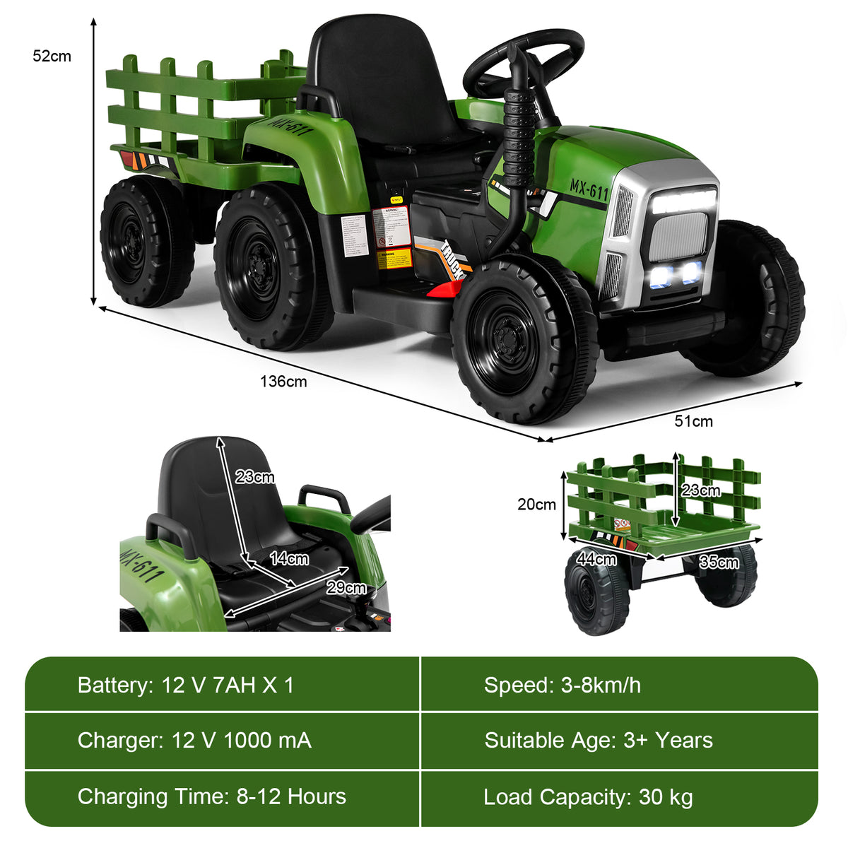 A diagram showing the dimensions of the kids electric tractor and its trailer with specifications