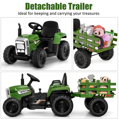 The kids electric tractor showing the detachable trailer filled with various plush toys