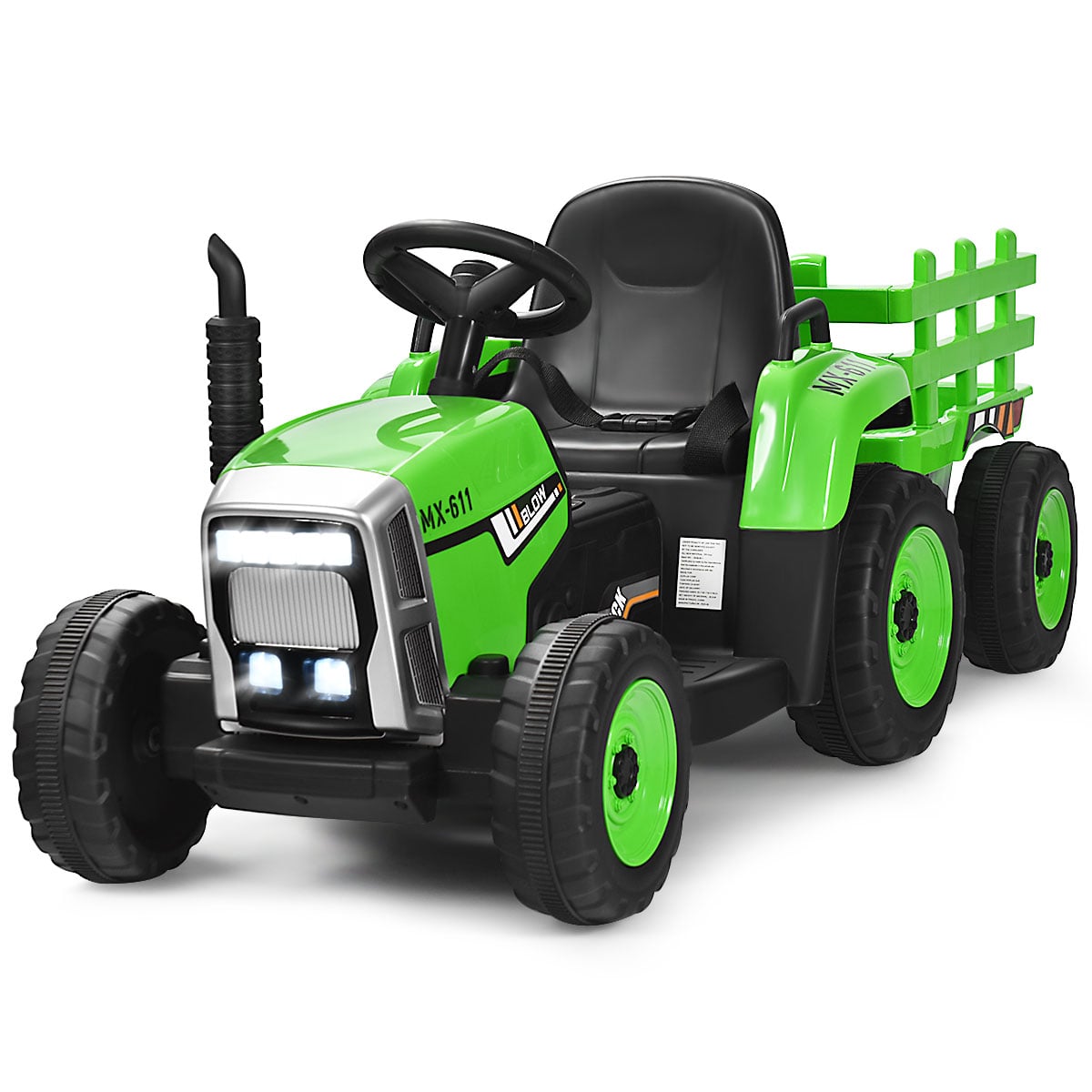 12V Kids Ride On Tractor with trailer in green, front view with lights on