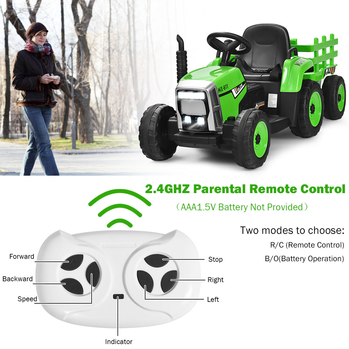 Green kids electric tractor with trailer and remote control