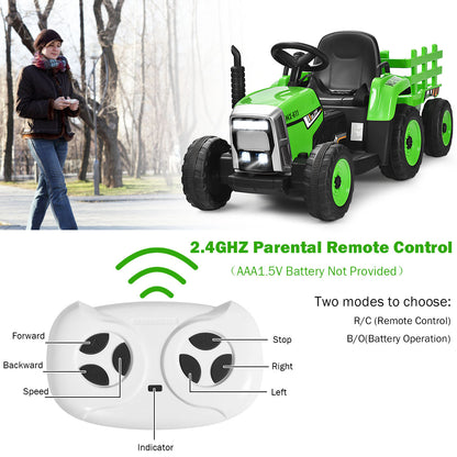Green kids electric tractor with trailer and remote control