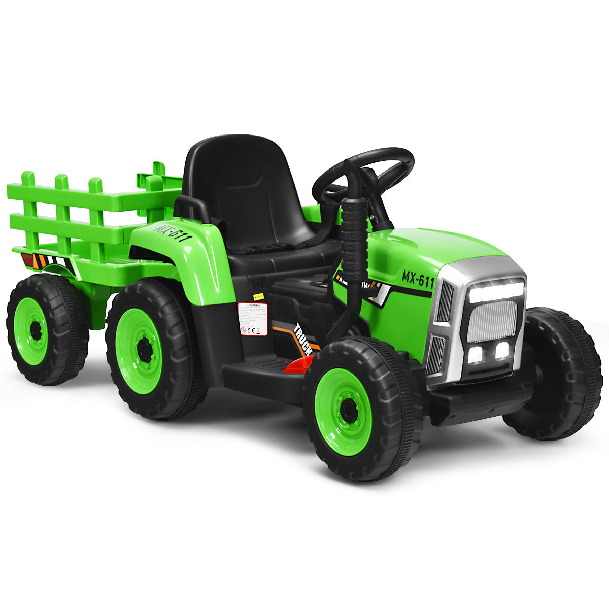 Green kids electric tractor with trailer, side view showing wheels and details