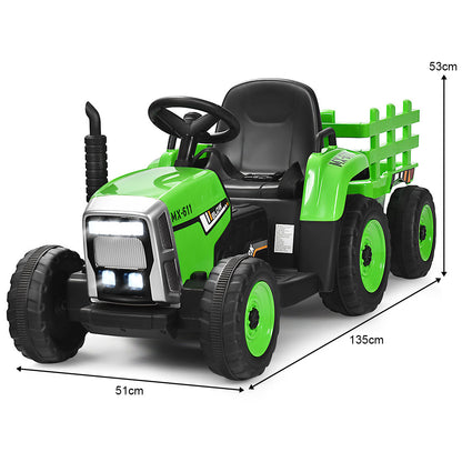 Green kids electric tractor with trailer, with dimensions shown