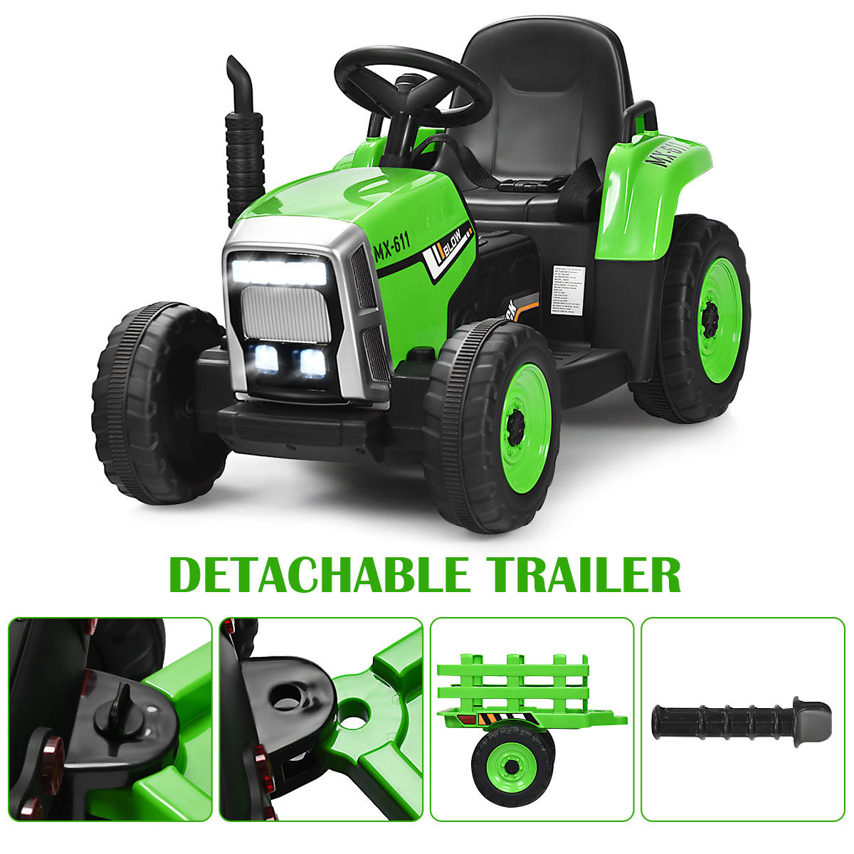 Green kids electric tractor with trailer, showing detachable trailer connection
