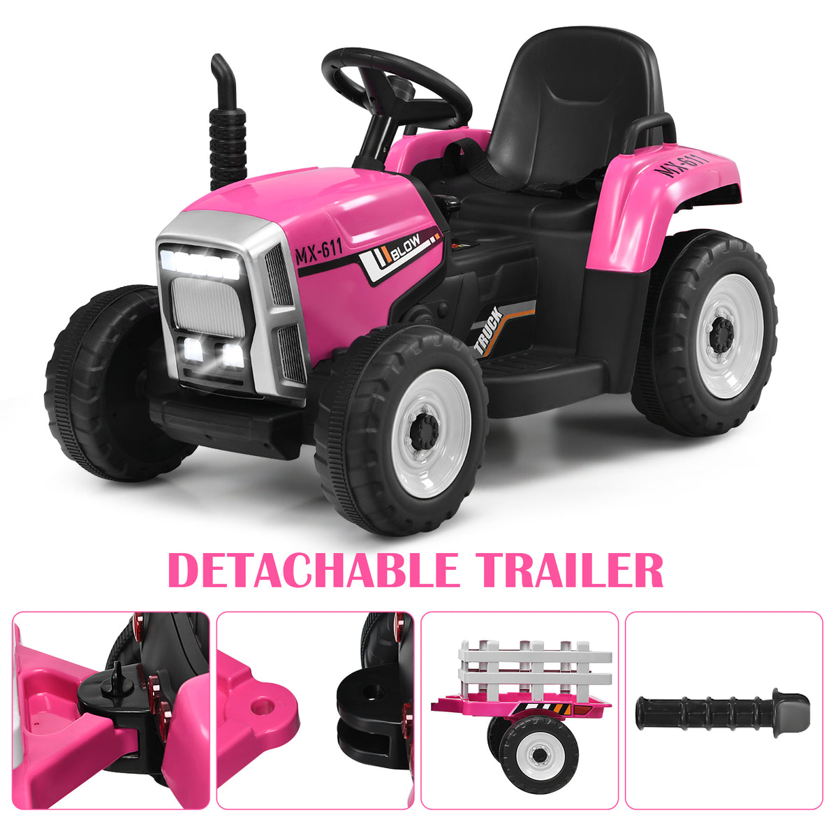 The kids electric car with close-up insets showing how to detach the trailer
