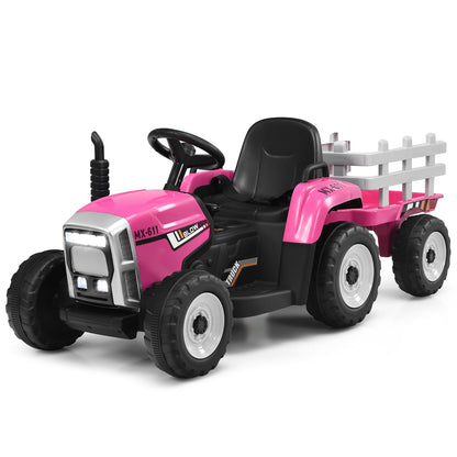 12V Kids Ride On Tractor with a pink body and a detachable trailer against a white background