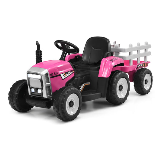 12V Kids Ride On Tractor with a pink body and a detachable trailer against a white background