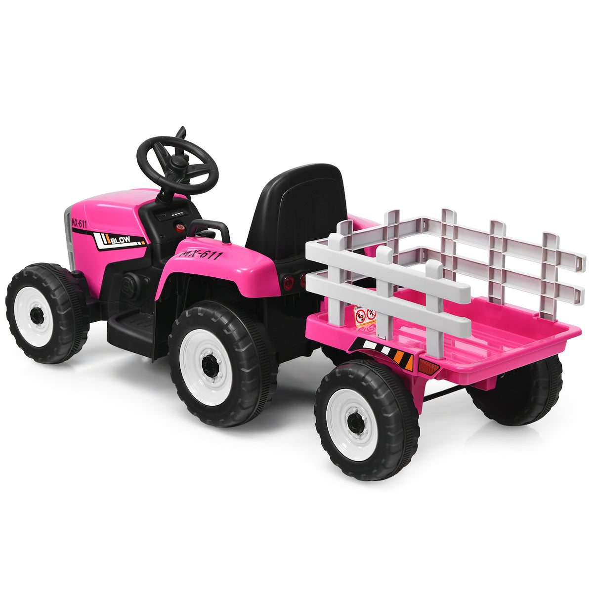 The kids electric car viewed from the rear showing the pink trailer and white fence