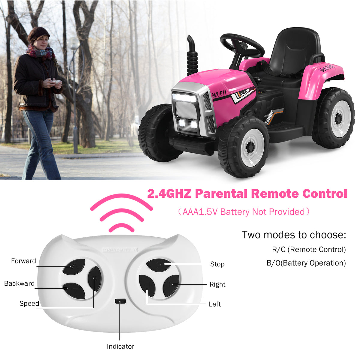 The pink kids electric tractor shown with its wireless parental remote control unit