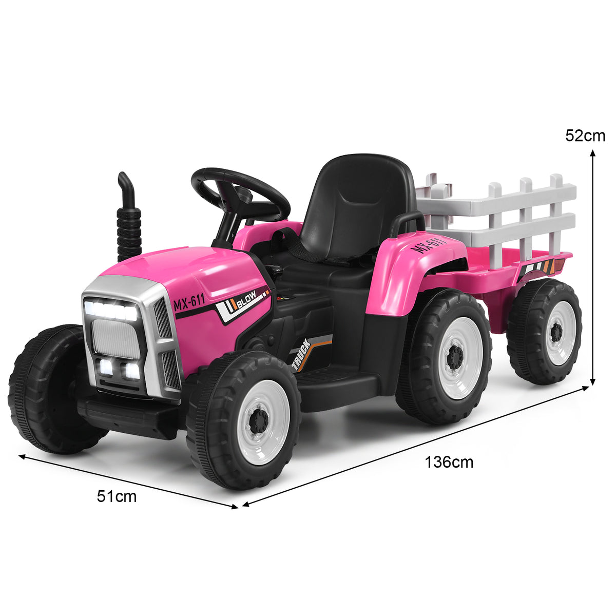 The pink kids electric tractor showing its total length and width with dimension lines