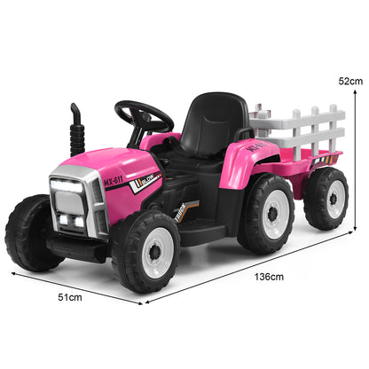 The pink kids electric tractor showing its total length and width with dimension lines