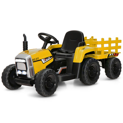 12V Kids Ride On Tractor with Trailer, a yellow ride-on tractor with a detachable trailer and LED lights