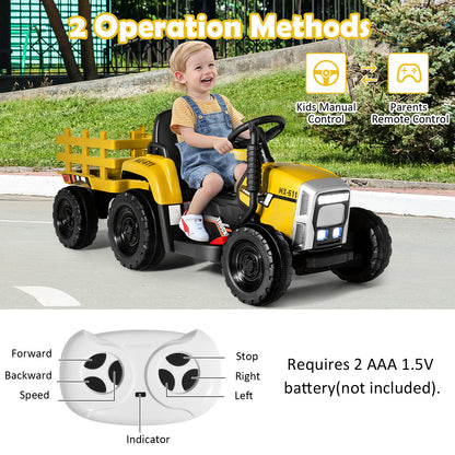 Two operation methods for the yellow ride-on tractor: child control and parent remote control