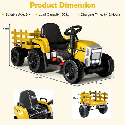 Product dimensions diagram for the yellow kids electric tractor with trailer, showing measurements
