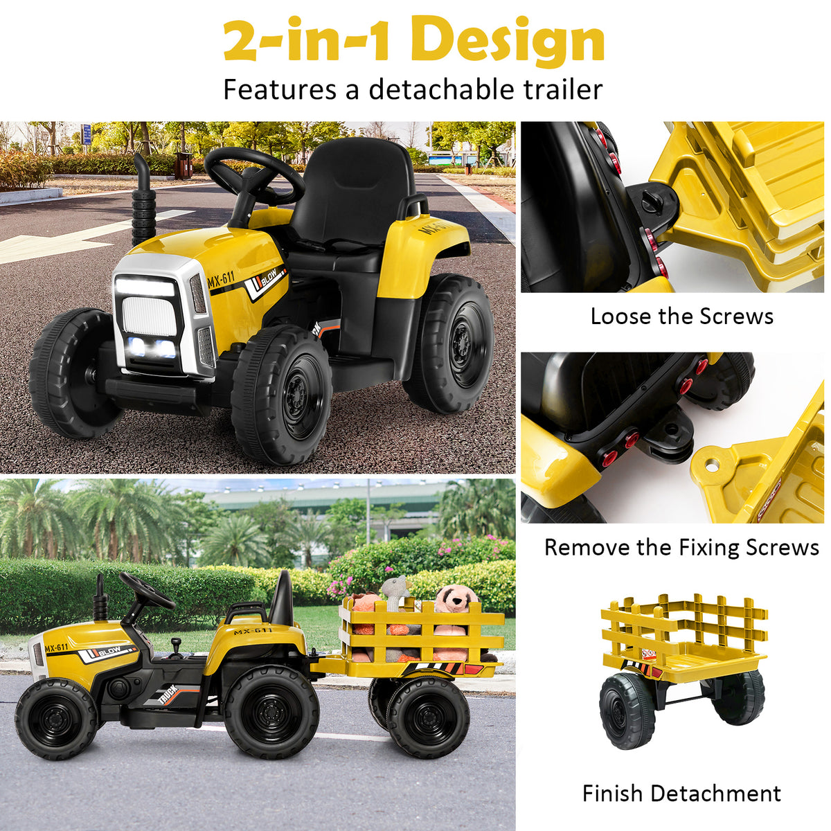 Assembly instructions for the yellow kids electric tractor with trailer, showing how to detach the trailer