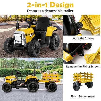 Assembly instructions for the yellow kids electric tractor with trailer, showing how to detach the trailer