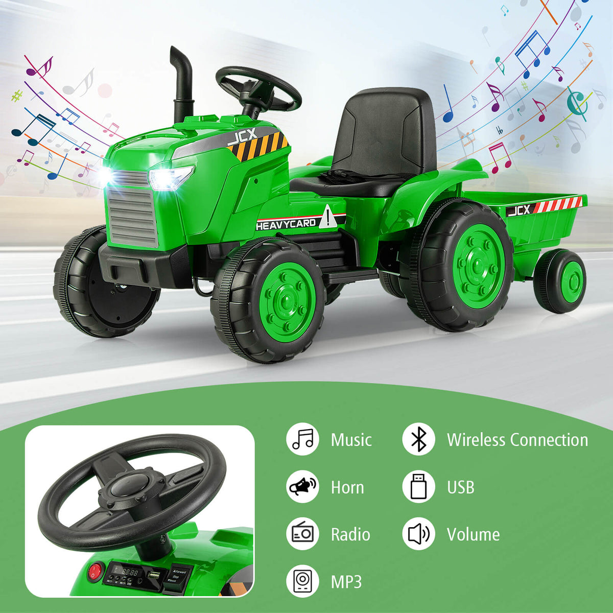 The kids electric car showing the steering wheel and integrated media control panel