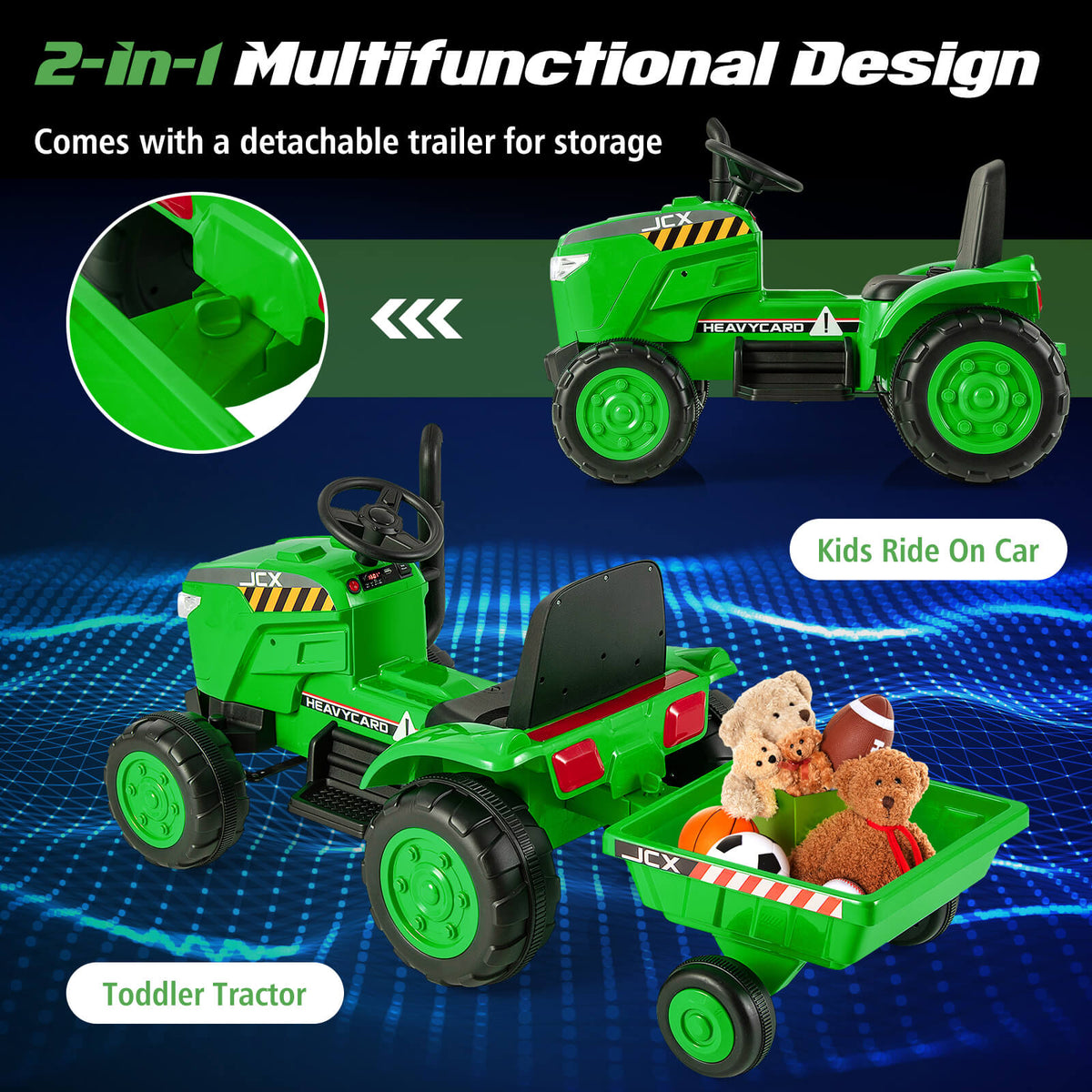 The kids electric car showing the detachable trailer filled with various soft toys