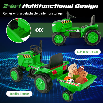 The kids electric car showing the detachable trailer filled with various soft toys