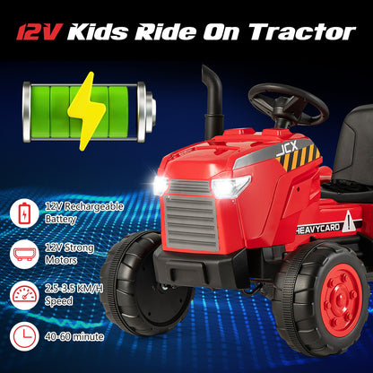 Close up of the red kids electric tractor showing lights and battery icon