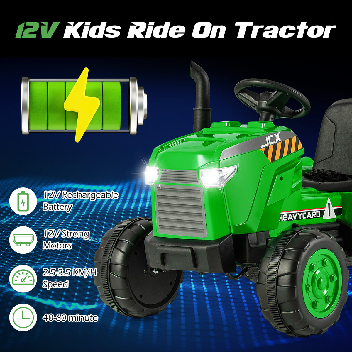 The green kids electric tractor front view with icons showing battery and motor performance