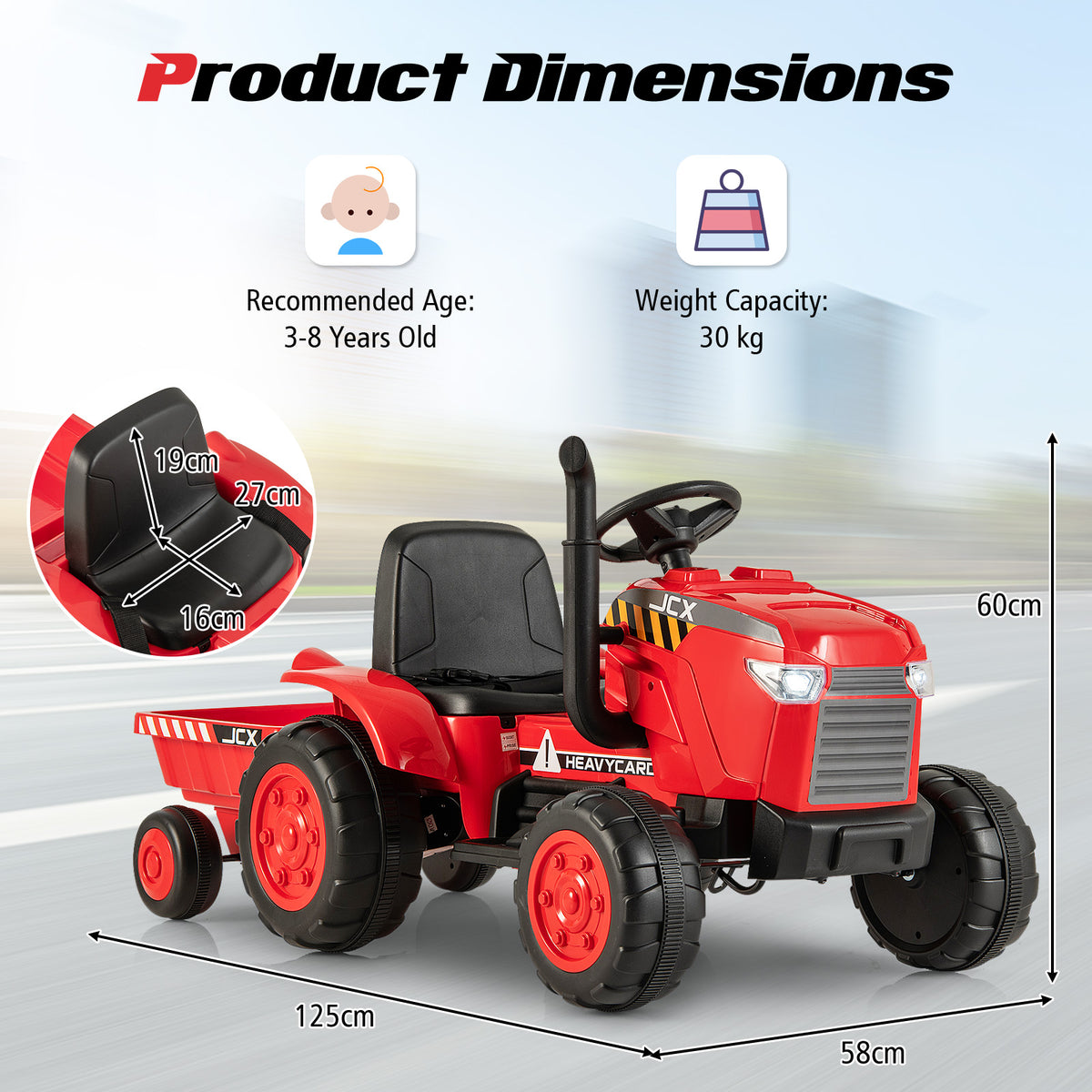 Product dimensions diagram for the red kids electric tractor with trailer