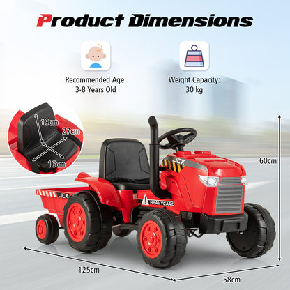 Product dimensions diagram for the red kids electric tractor with trailer