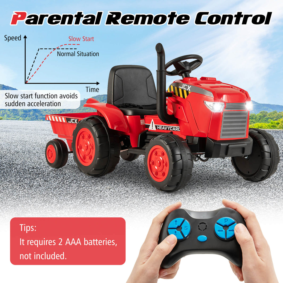 Parental remote control for the red ride on tractor with slow start function