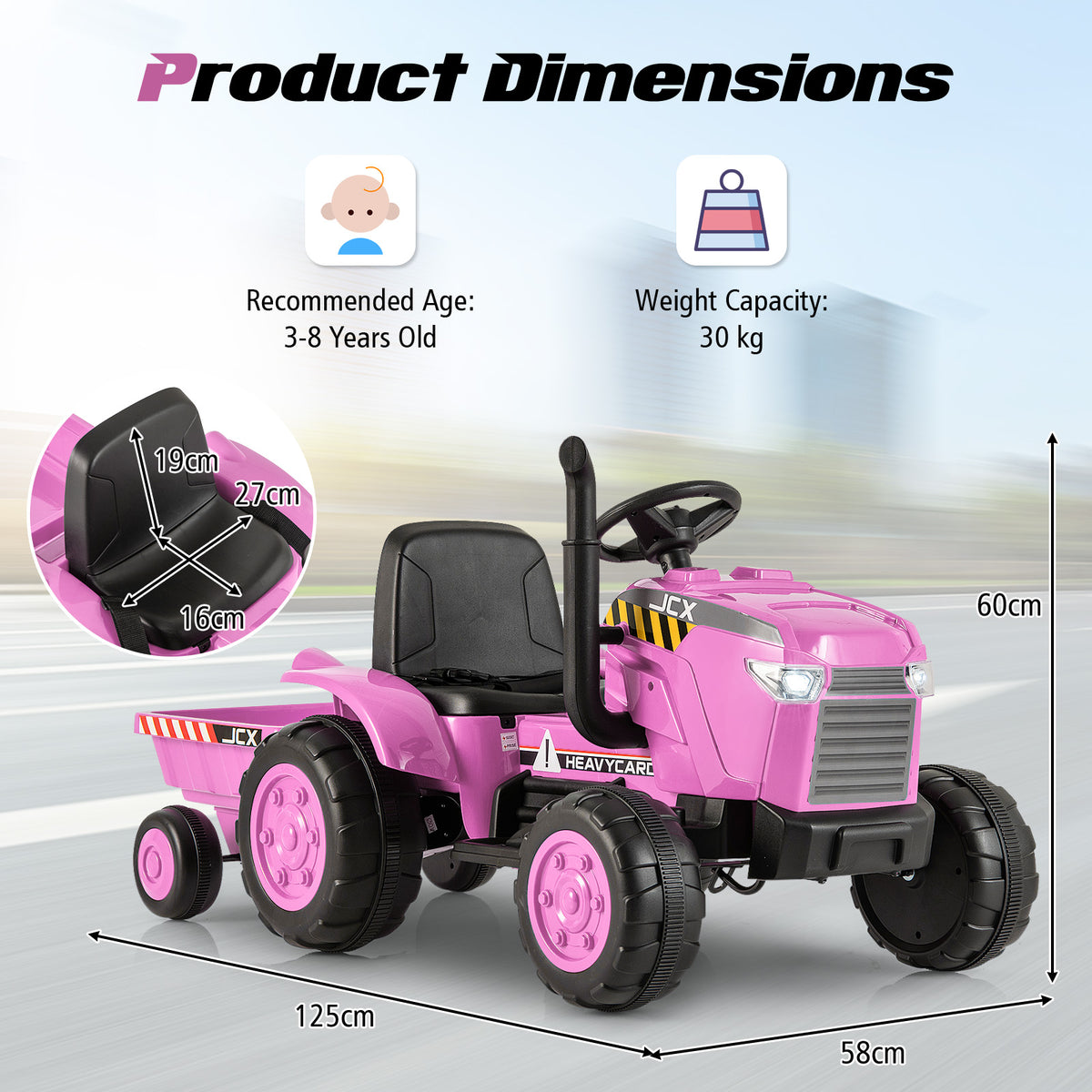 The pink kids electric tractor with arrows showing its height width and length