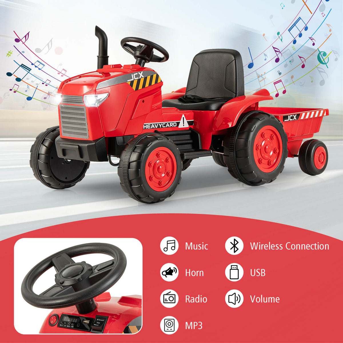 The red kids electric tractor with trailer showing steering wheel and media options