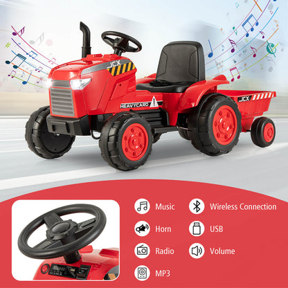 The red kids electric tractor with trailer showing steering wheel and media options
