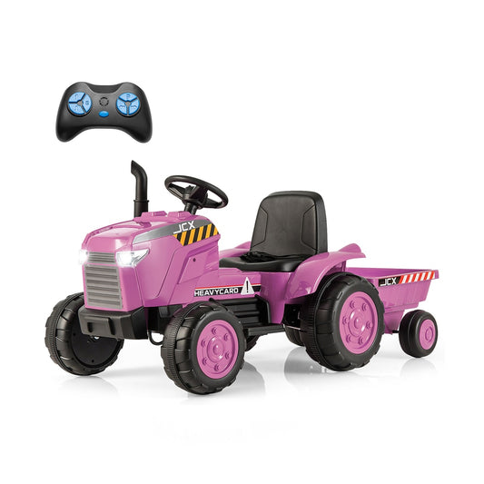 12V Kids Ride On Tractor in pink with a black remote control on a plain white background