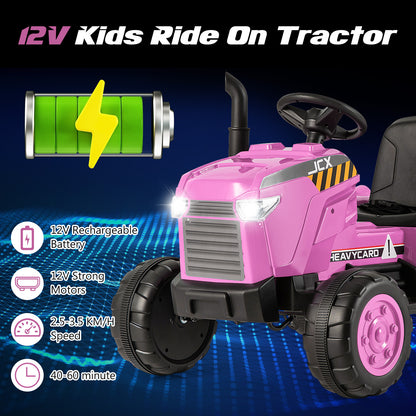 The pink kids electric tractor with icons showing battery and motor details