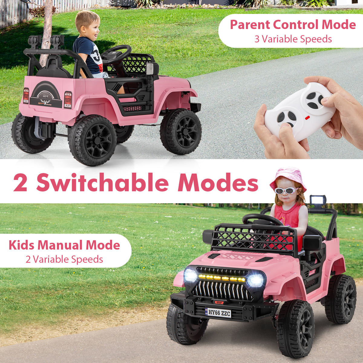 Pink kids electric car with manual and parental control modes