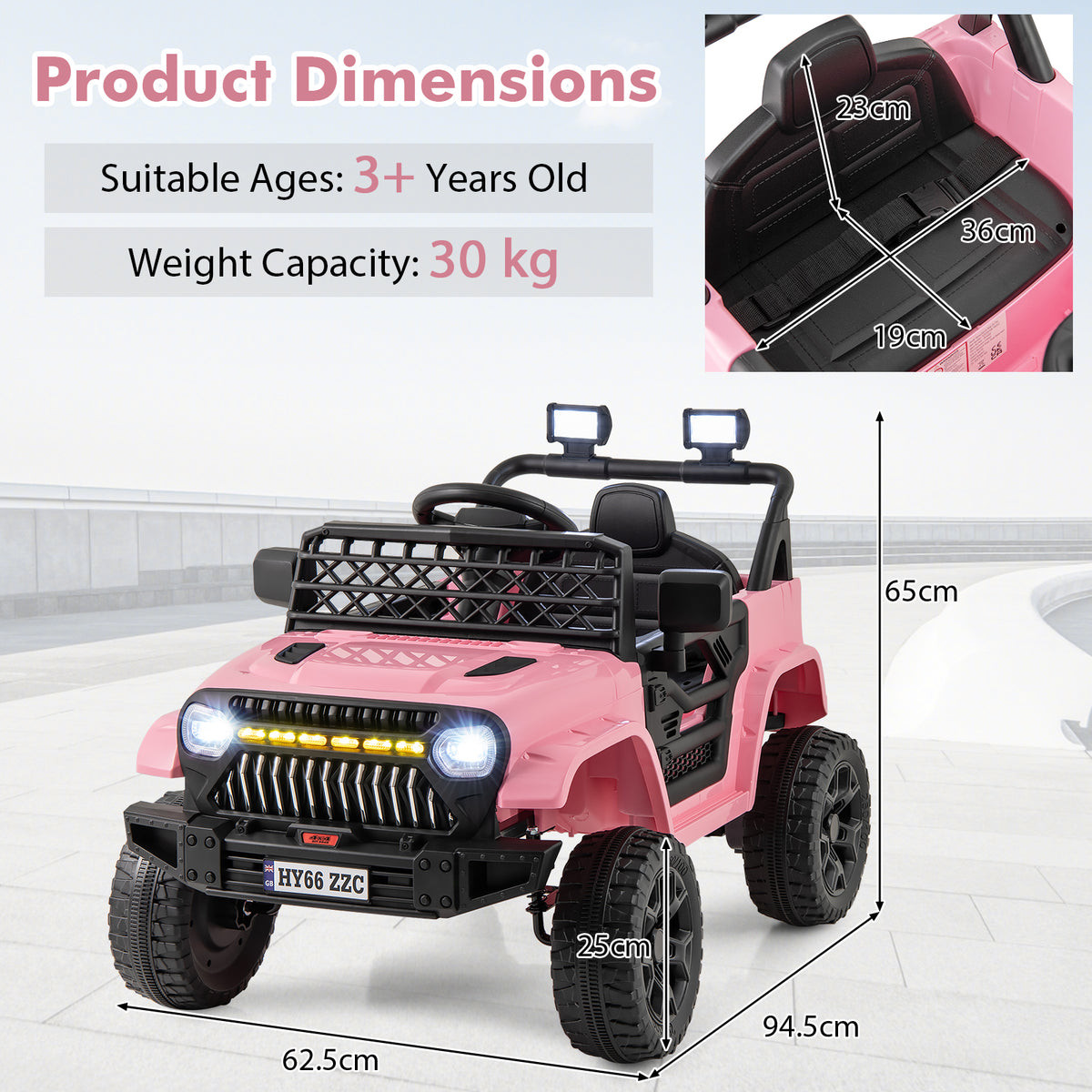 Pink kids electric truck with dimensions and weight capacity