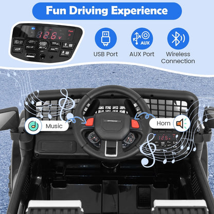 Dashboard of the black kids ride on truck car showing music and horn buttons