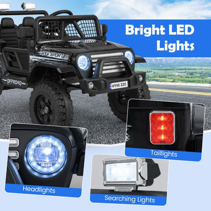 Close up of the headlights and taillights on the black kids ride on truck car