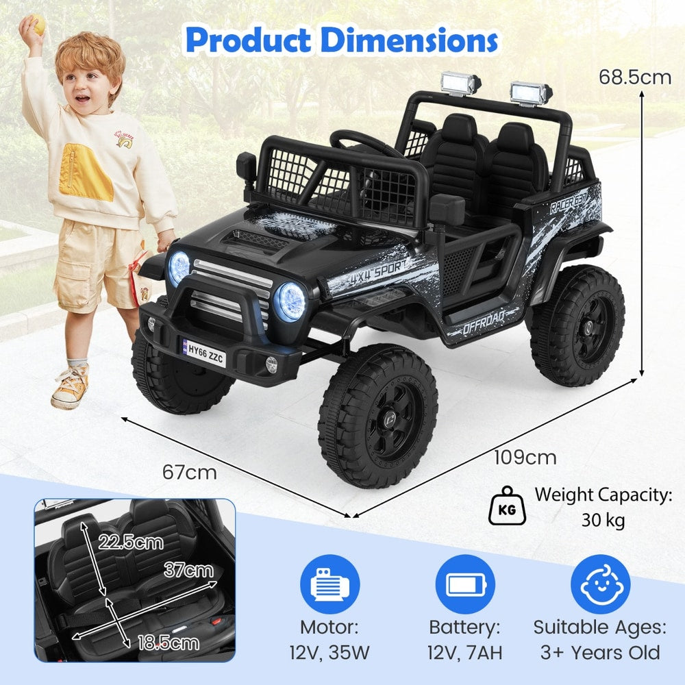 Product dimensions diagram for the black kids ride on truck car