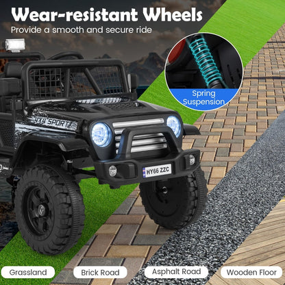 Wear-resistant wheels and spring suspension of the black kids ride on truck car on different surfaces