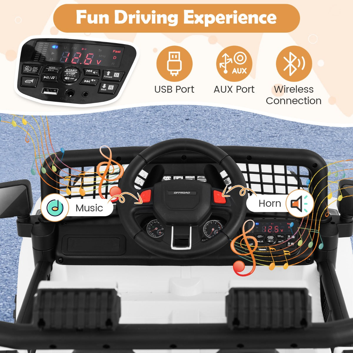 The kids electric car dashboard with steering wheel and media control panel
