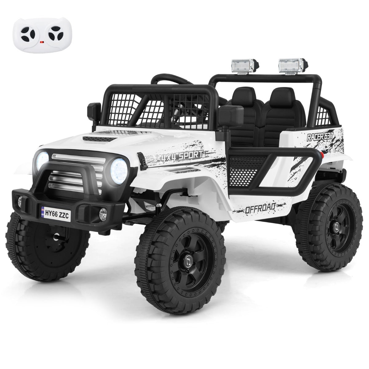 12V Kids Ride on Truck Car in white with black wheels and a remote control unit