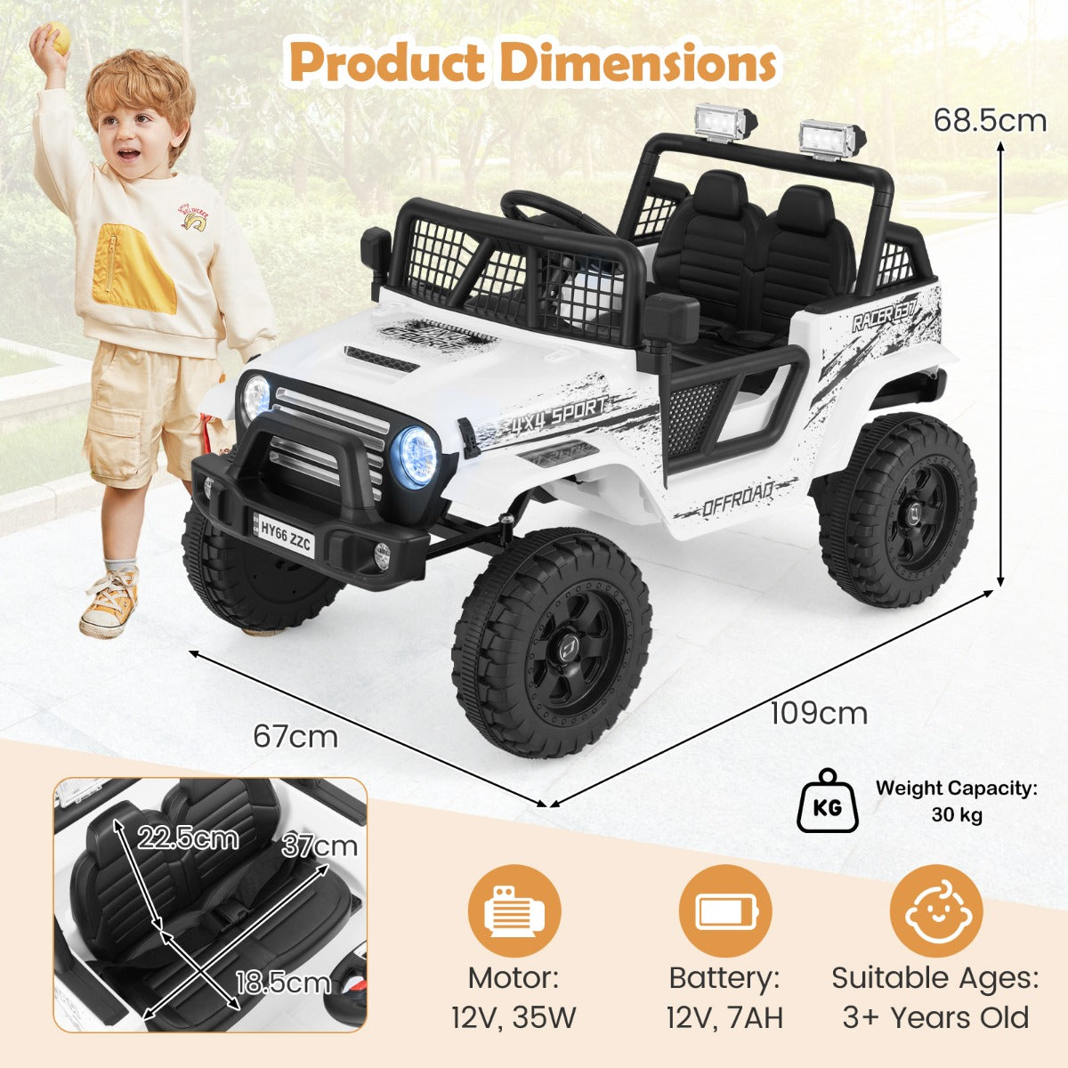12V Kids Ride on Truck Car in White