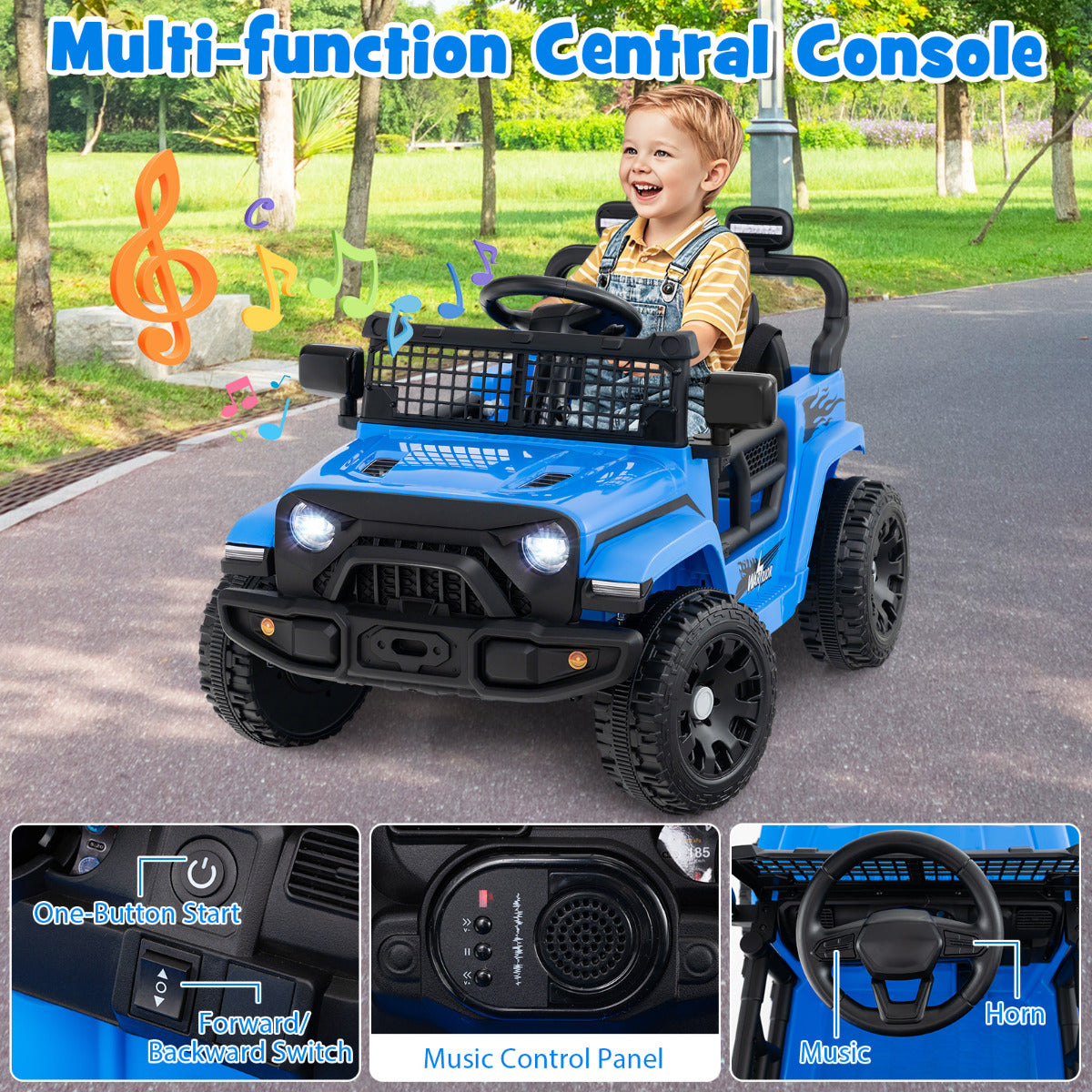 The kids electric car with close-ups of the start button and music control panel