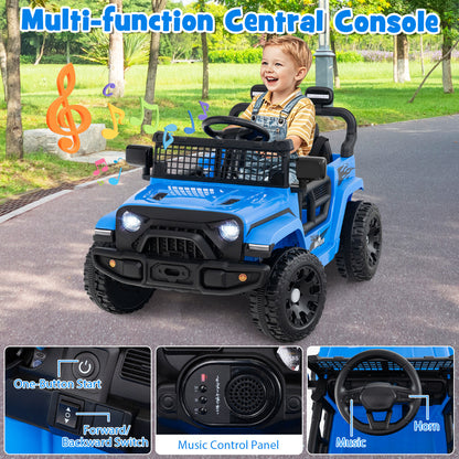 The kids electric car with close-ups of the start button and music control panel
