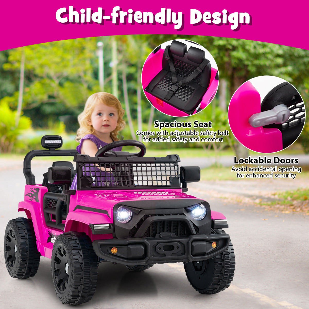 Child-friendly design of the pink kids electric truck car with safety seat and lockable doors