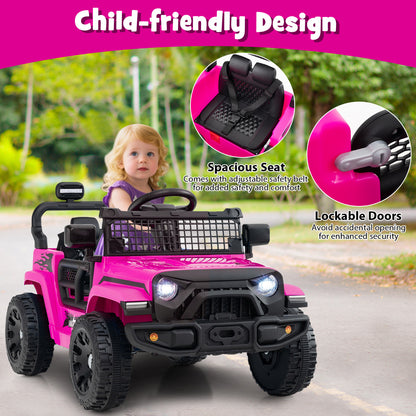Child-friendly design of the pink kids electric truck car with safety seat and lockable doors